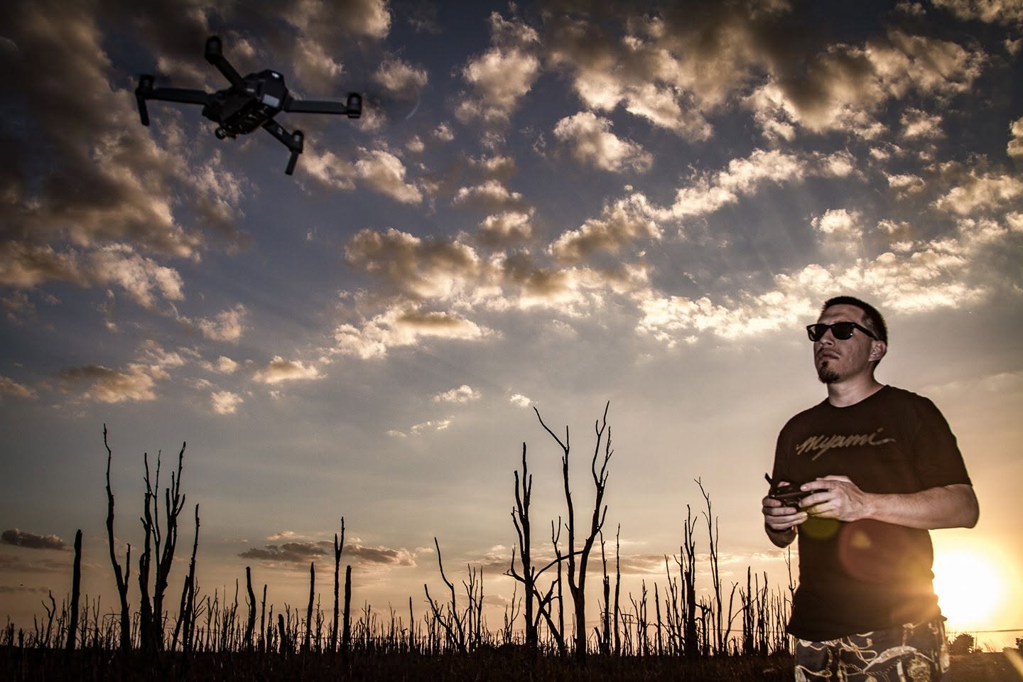 Matthew Hoyos flying his first drone in the Everglades at sunset, 2017