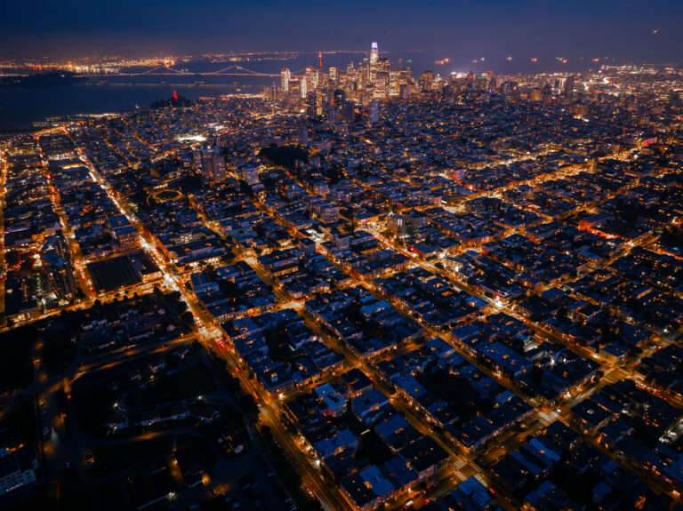 San Francisco city grid at night, aerial | Matthew Hoyos
