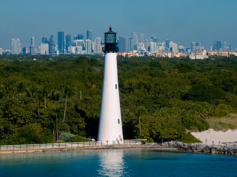 Cape Florida Lighthouse with the Miami skyline, Key Biscayne | Matthew Hoyos