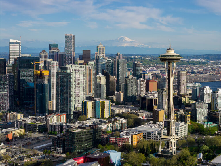 Seattle skyline and Space Needle with Mount Rainier | Matthew Hoyos