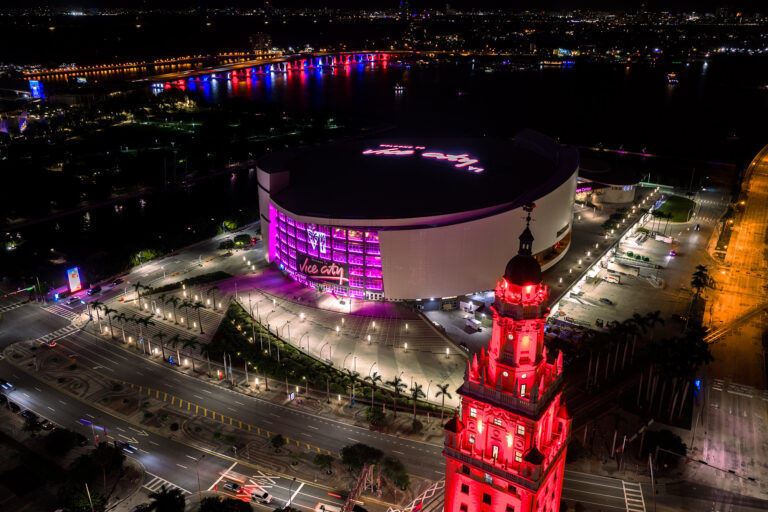 Kaseya Center and Freedom Tower at night, Miami, aerial | Matthew Hoyos