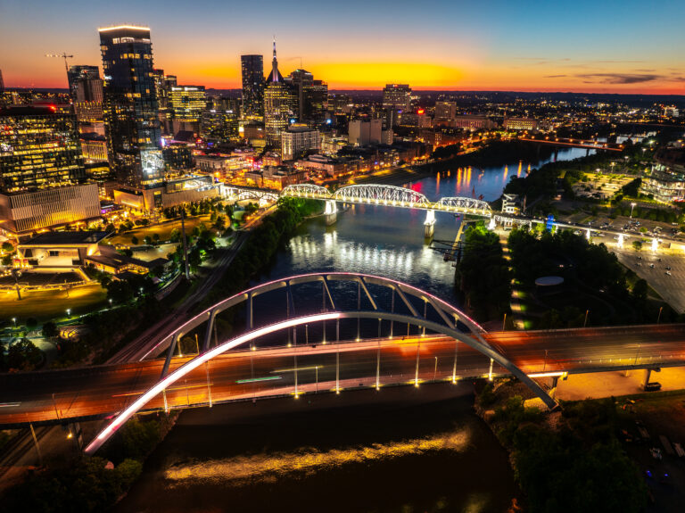 Nashville skyline at sunset, aerial | Matthew Hoyos