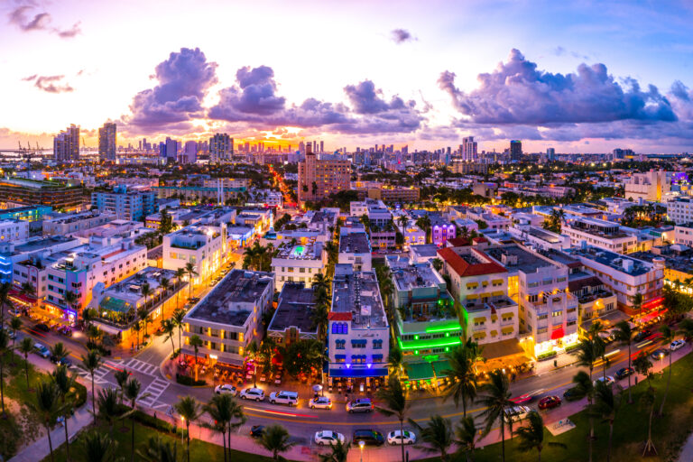 South Beach Art Deco district at dusk, Miami Beach, aerial | Matthew Hoyos