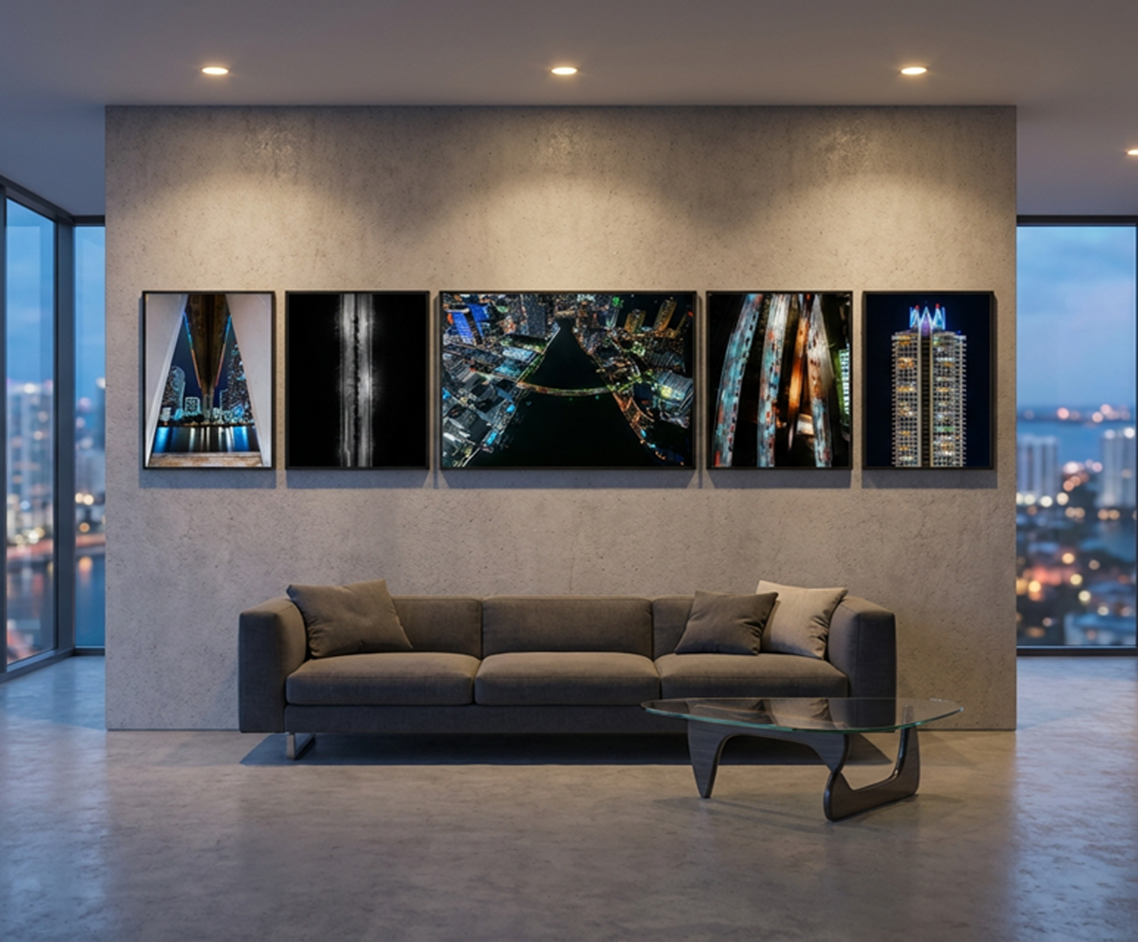 Talk of Miami Night edition, five framed prints hung together on a wall in a modern living room with a city view